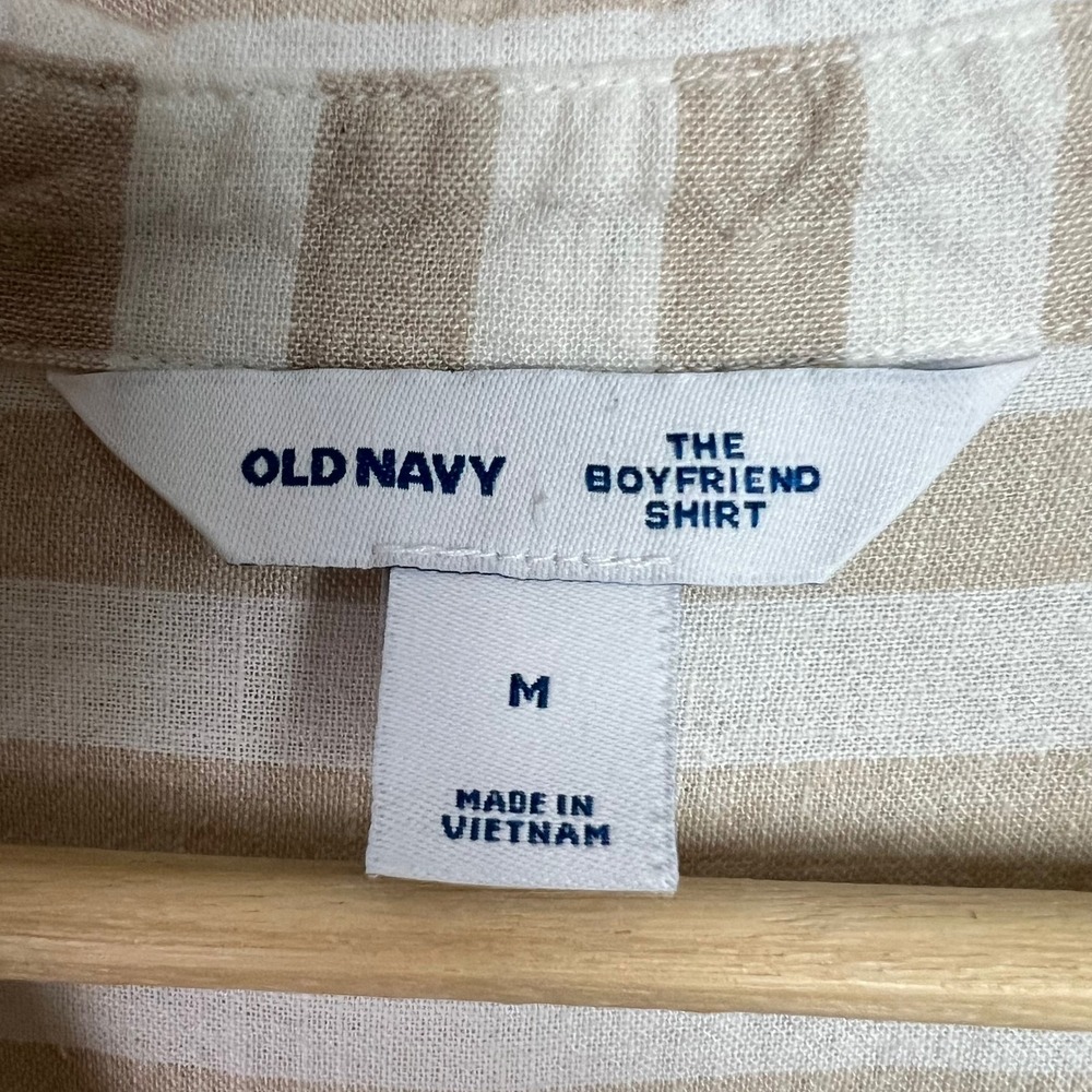 Old Navy The Boyfriend Shirt Tan White Striped Linen Blend Button Down Medium - Picture 3 of 8